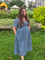 Mira indigo hand block print V-neck midi dress with pocket