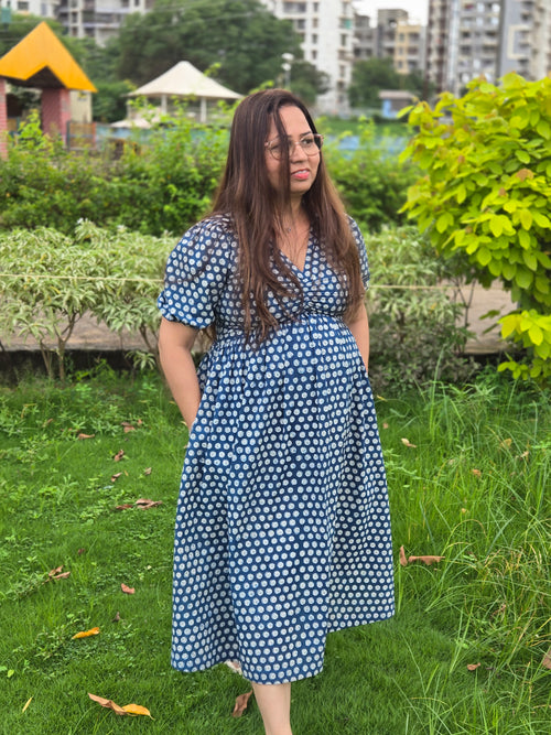 Mira indigo hand block print V-neck midi dress with pocket