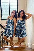 Ami indigo floral halter mini dress flattering in different body sizes