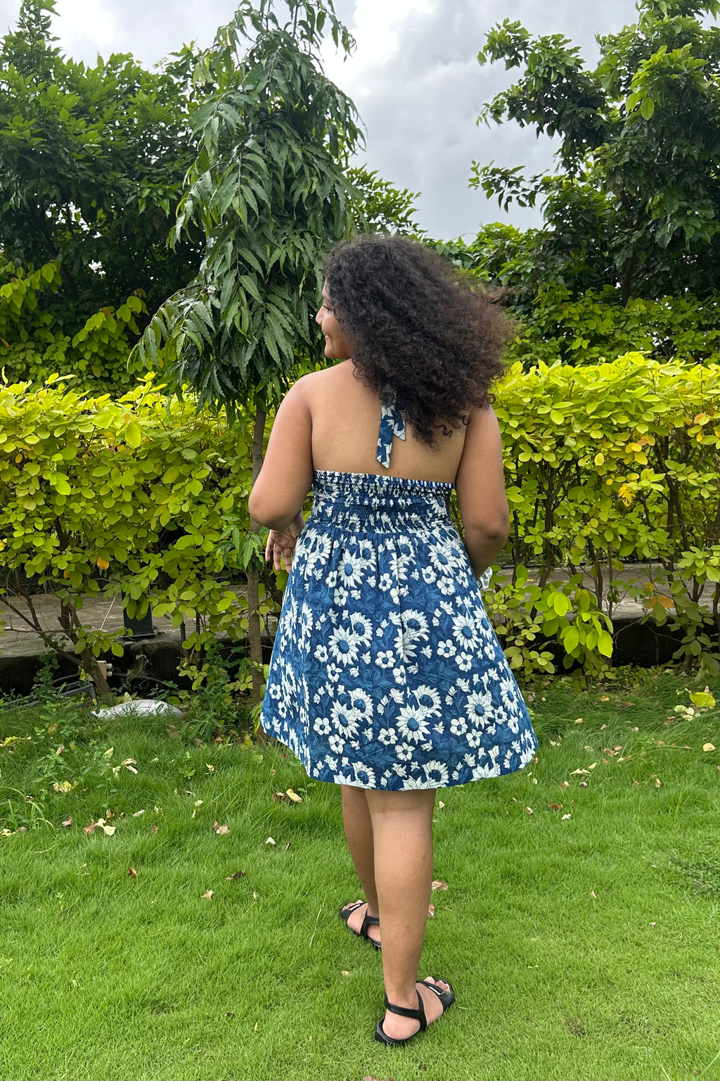 Ami indigo floral halter mini dress back detail