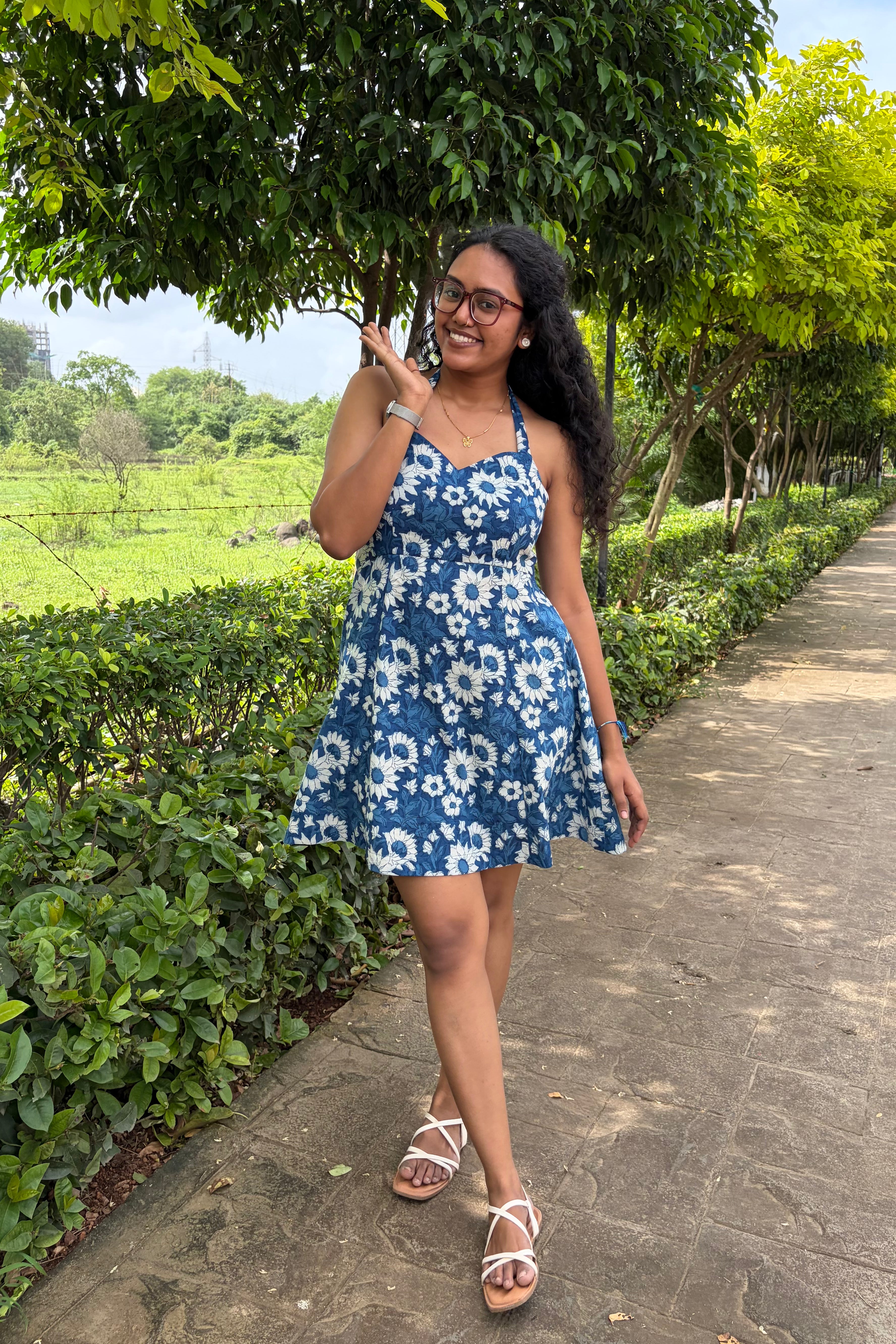 Ami indigo floral hand block print halter mini dress