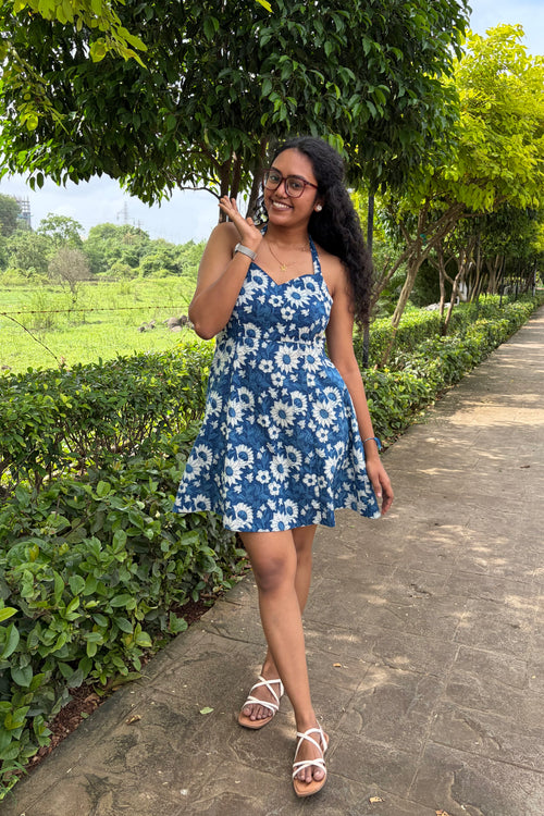 Ami indigo floral hand block print halter mini dress