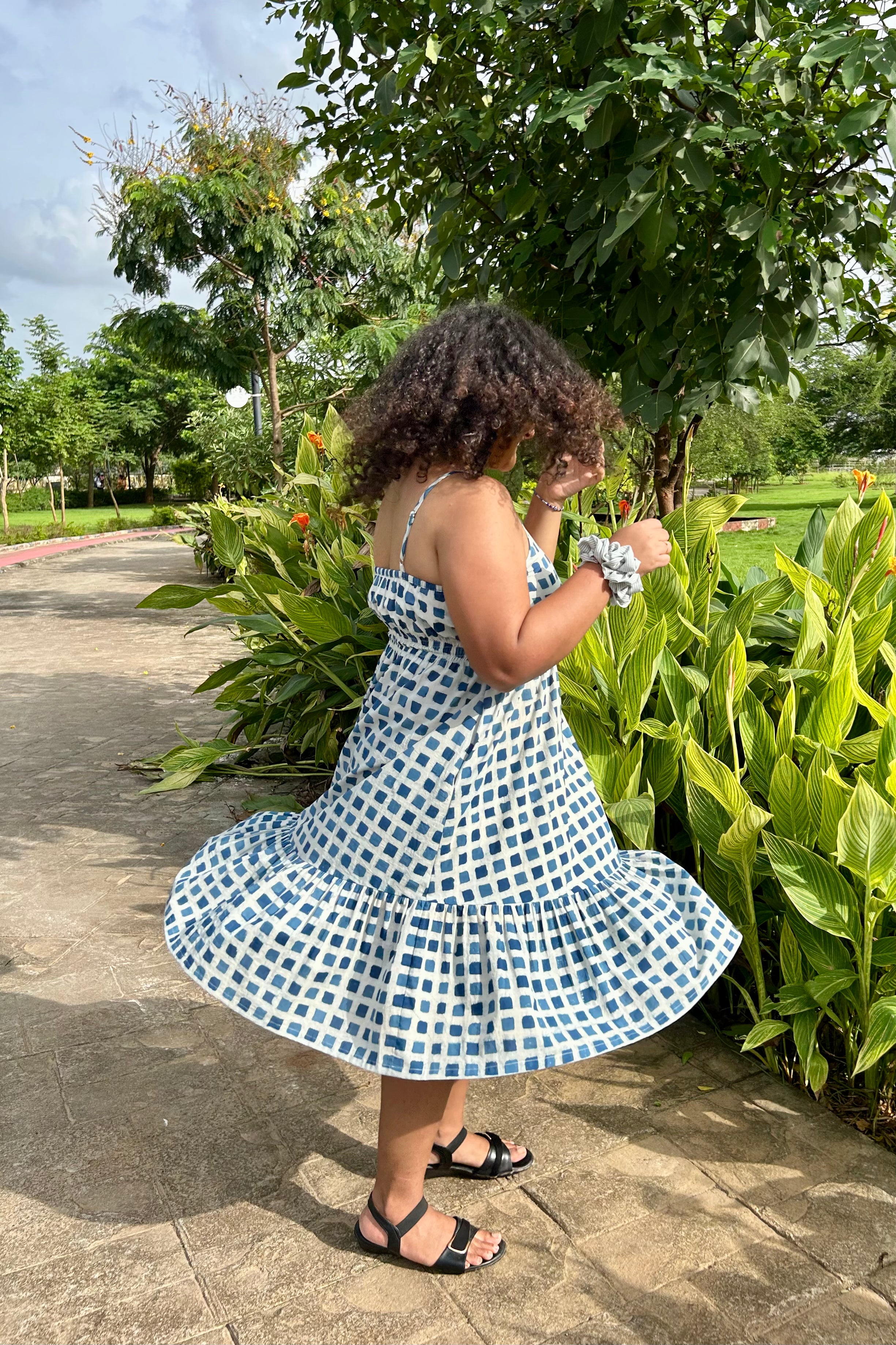 ra checked Dabu hand block print midi dress in motion