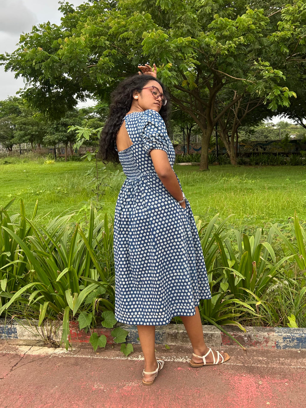 Mira midi dress with puff sleeves and gathered waist