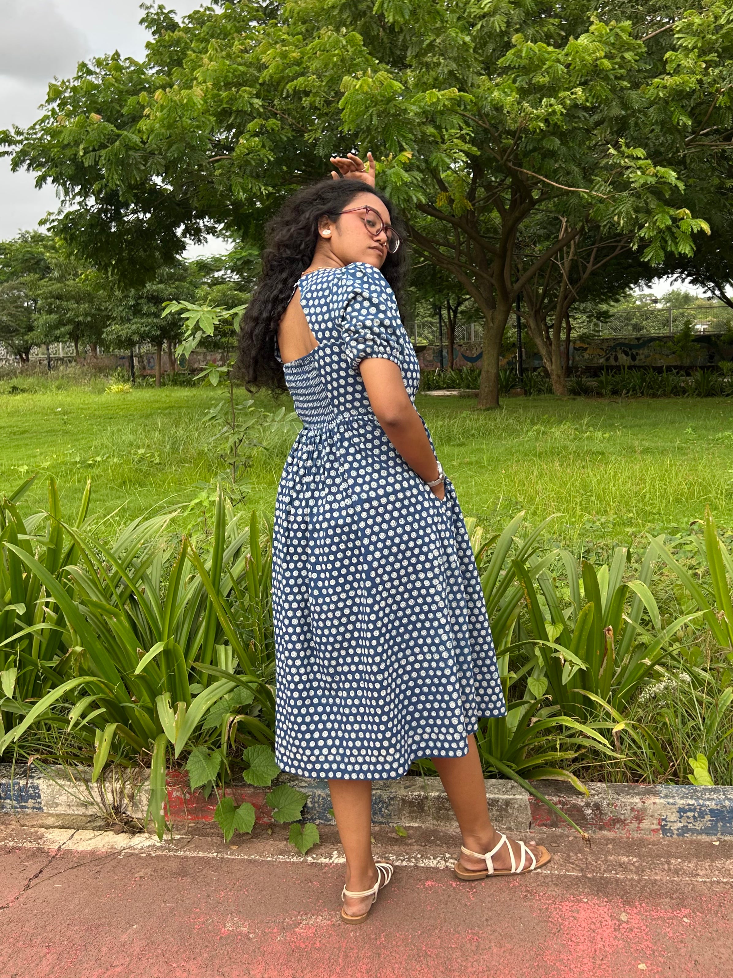 Mira midi dress with puff sleeves and gathered waist