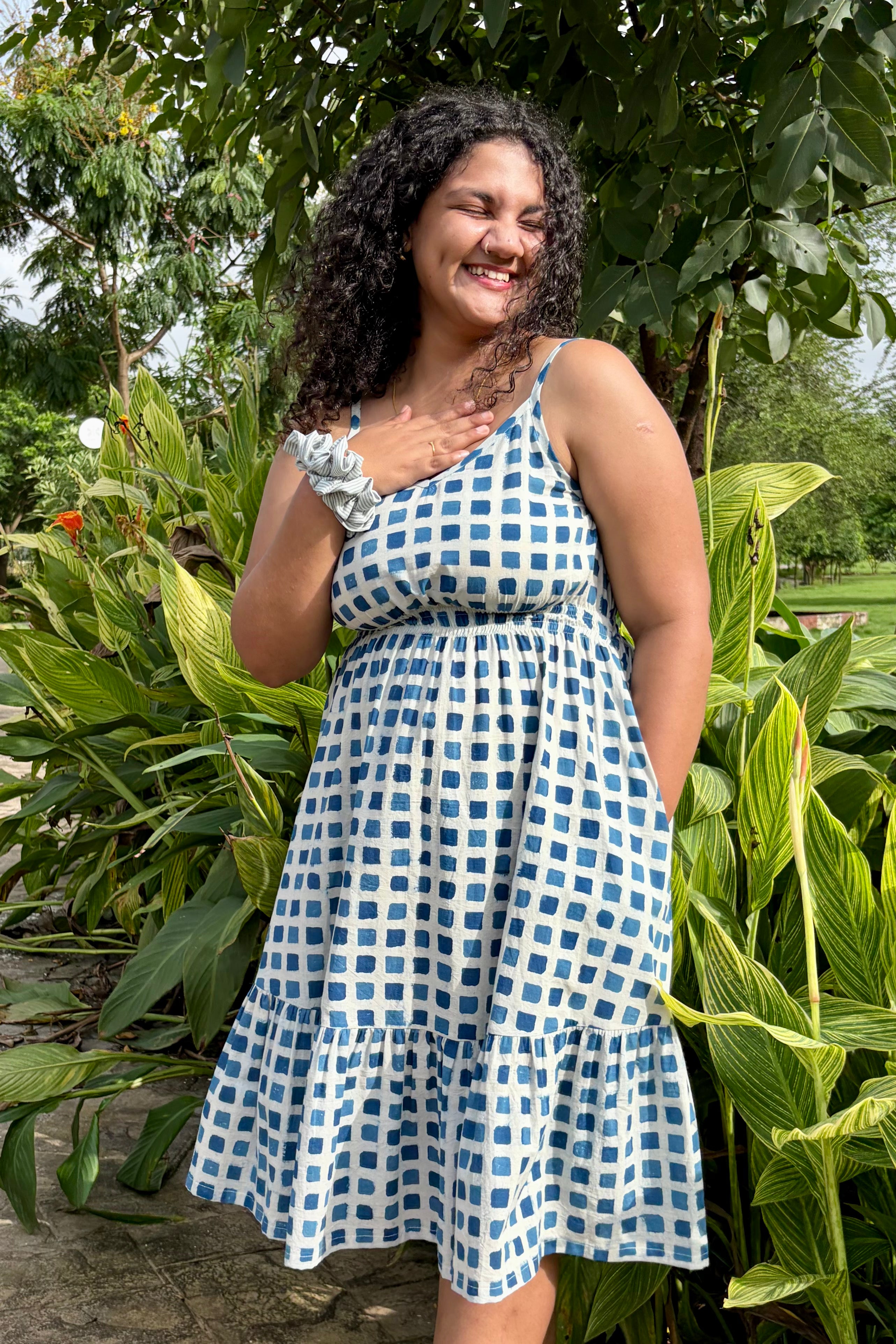 Dabu hand block print on Ira checked midi dress