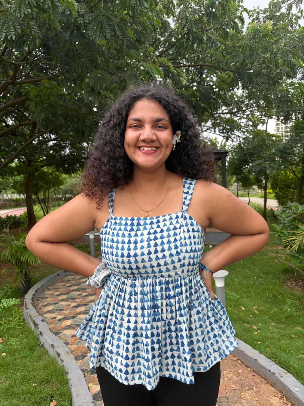 Indigo Dabu hand block print on Sia peplum top