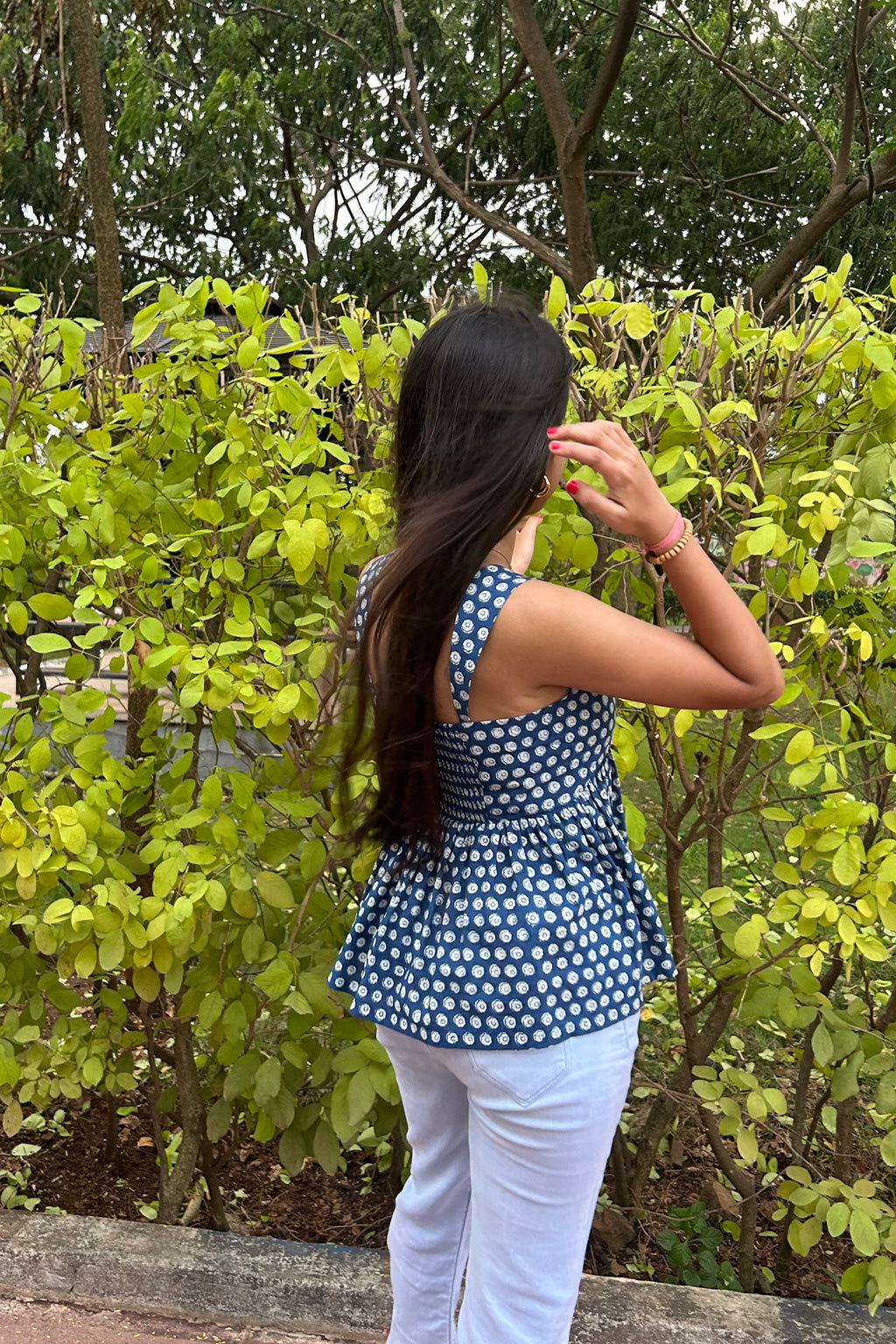 Tia indigo Dabu hand block print peplum top back