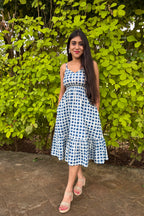 Ira checked midi dress with strappy bodice and tiered hem