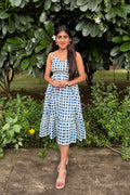 Ira checked cotton midi dress in Dabu hand block print