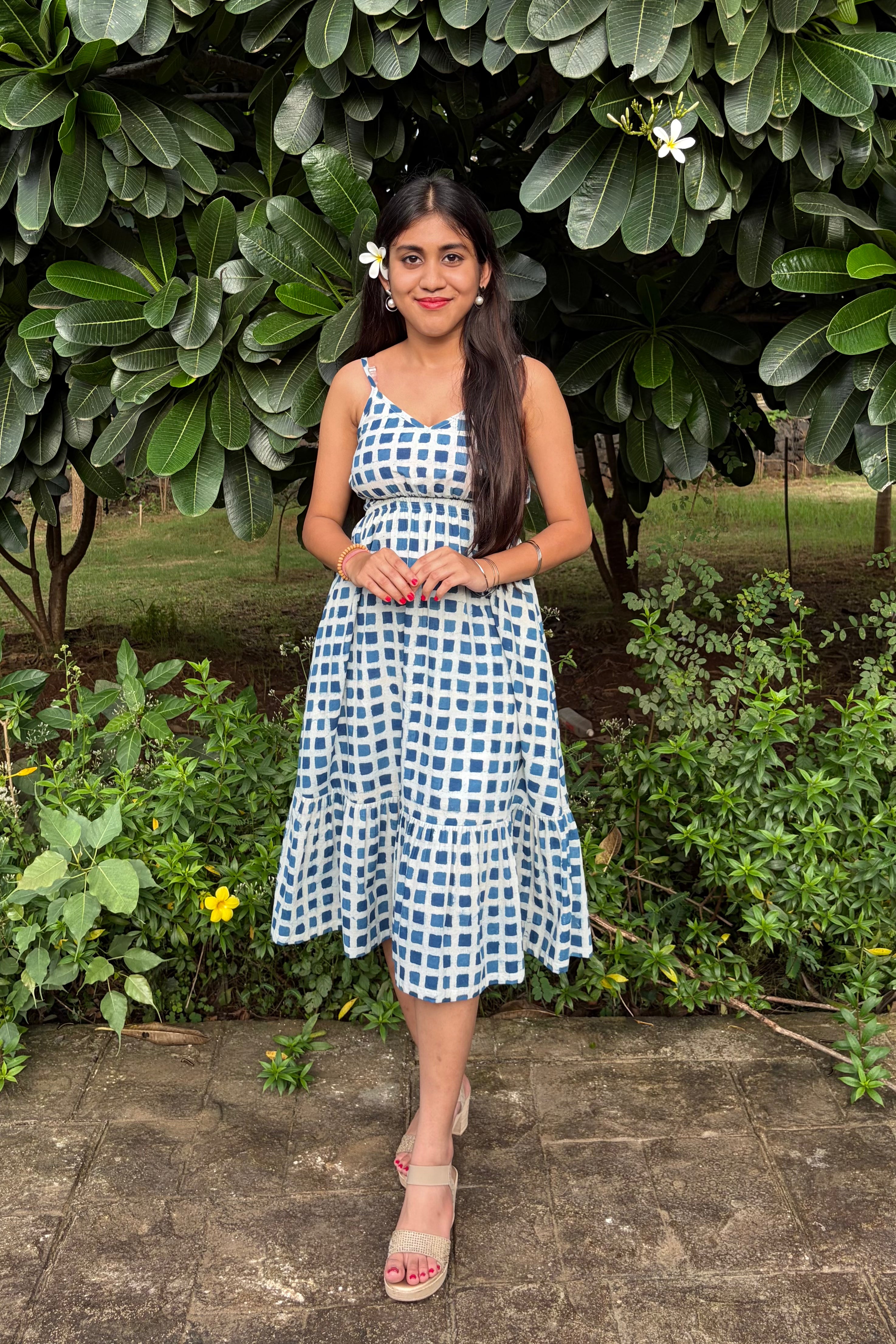 Ira checked cotton midi dress in Dabu hand block print