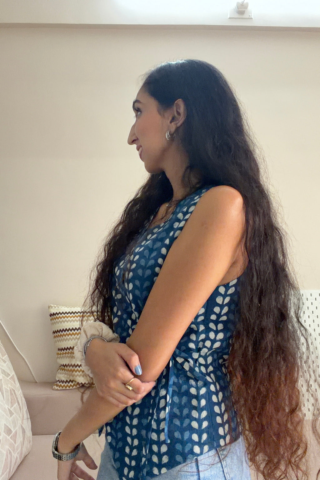 Rumi multiway wrap top indigo print side view