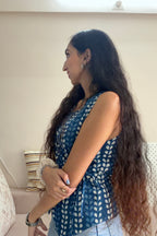 Rumi multiway wrap top indigo print side view