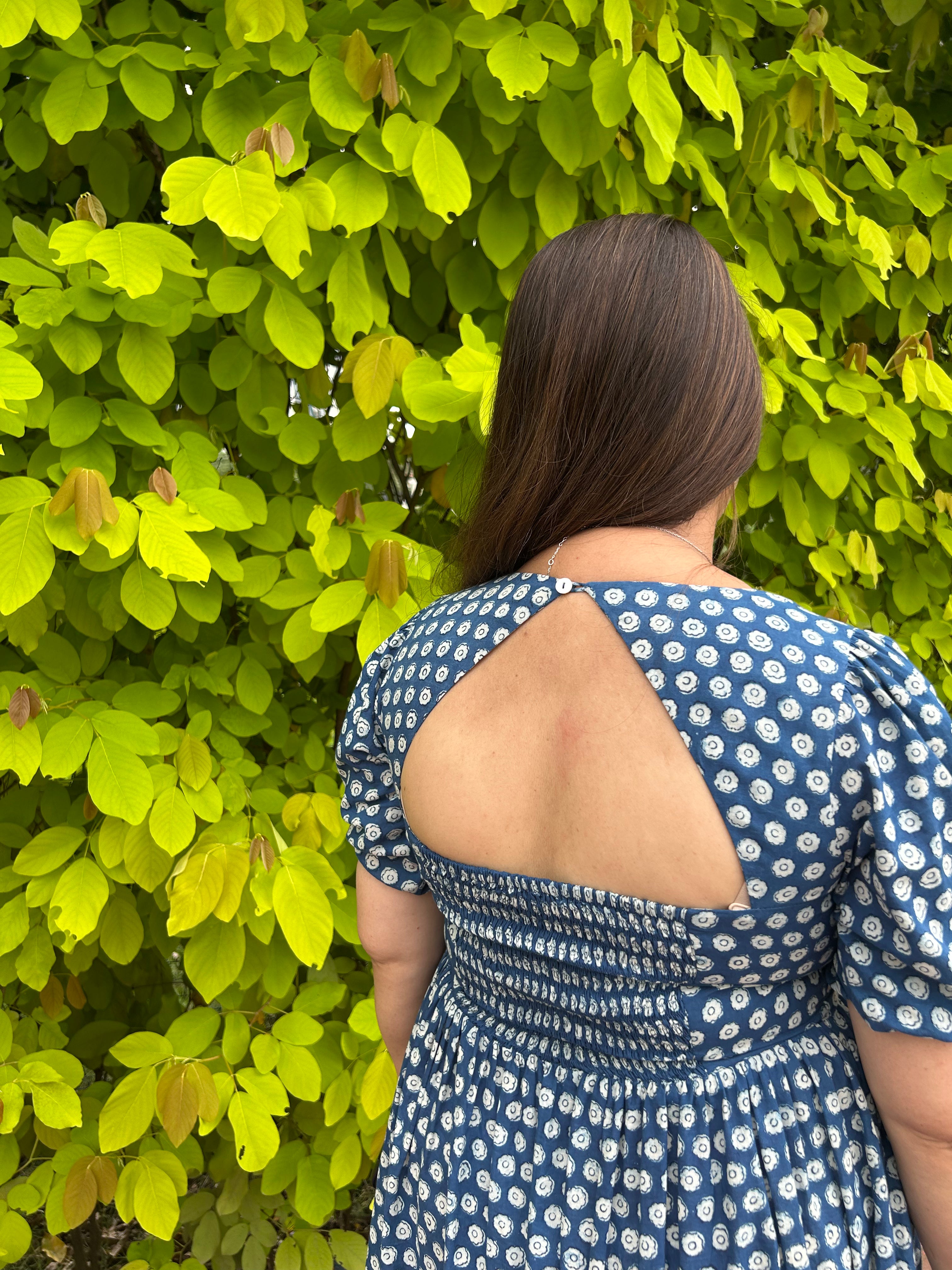 Mira midi dress with open smocked back